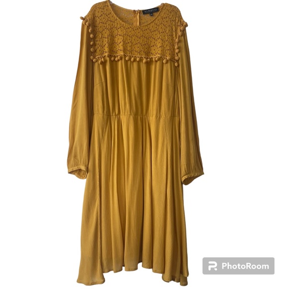 Eloquii Mustard Yellow Lace  Pom Fit & Flare Belted Tie Dress - Picture 6 of 12